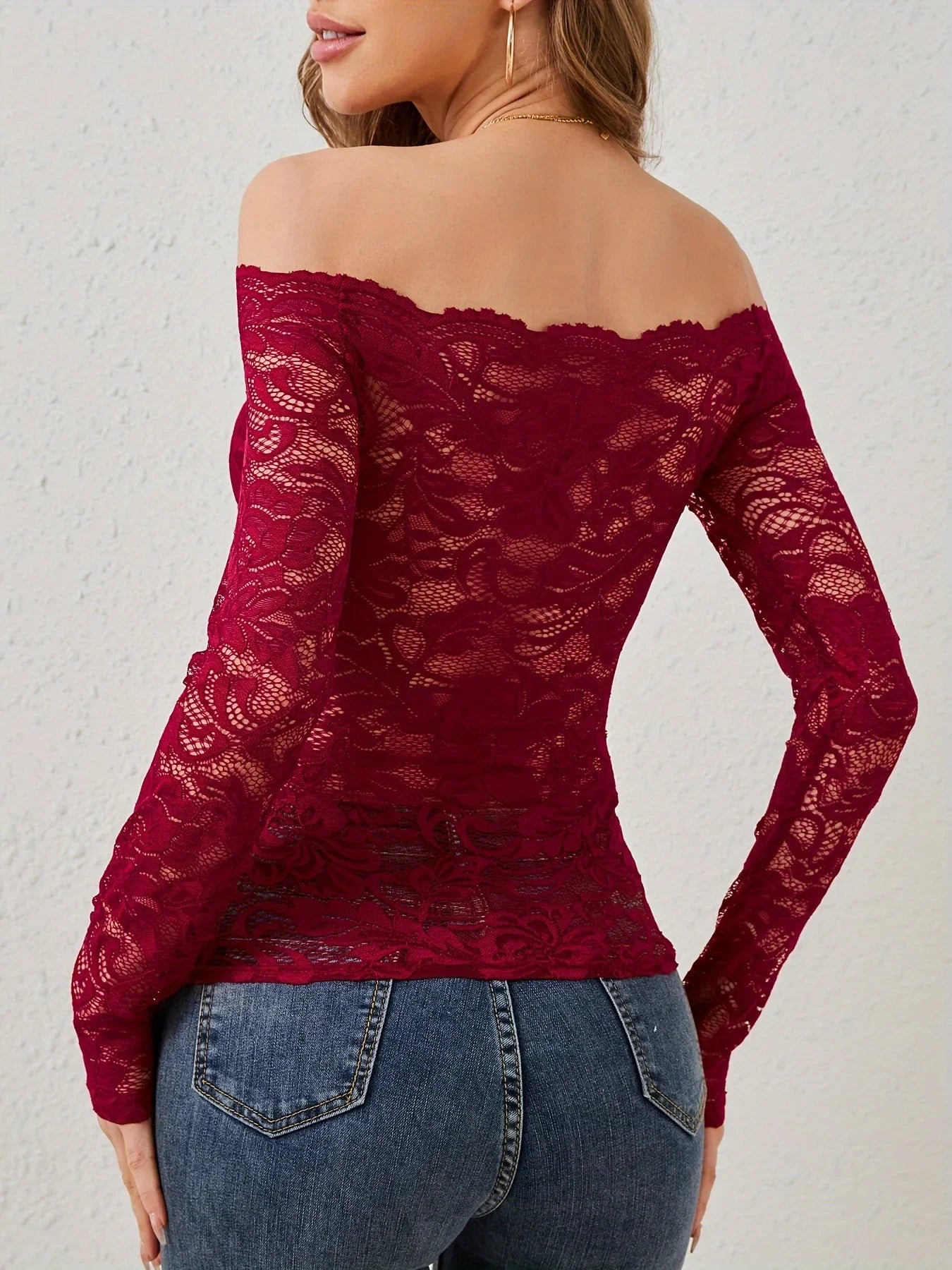 European and American elegant scalloped neckline, off-the-shoulder lace slim fit T-shirt long-sleeved top