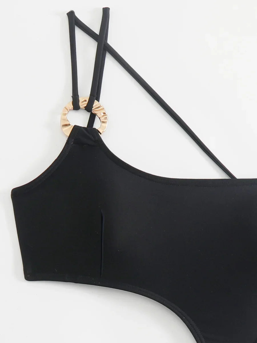 Asymmetric One Shoulder Mesh Skirt One Piece Swimsuit Women Thong Swimwear Female Metal Ring Monokini Bathing Suit Beachwear