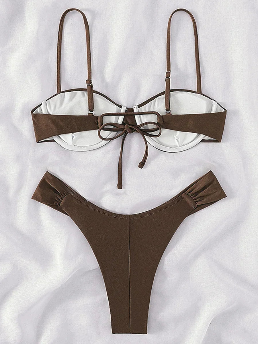 Sexy Wrinkled Underwired Brazilian Bikini Female Swimsuit Women Swimwear Two-pieces Bikini Set Triangle Bathing Suit Swim Lady