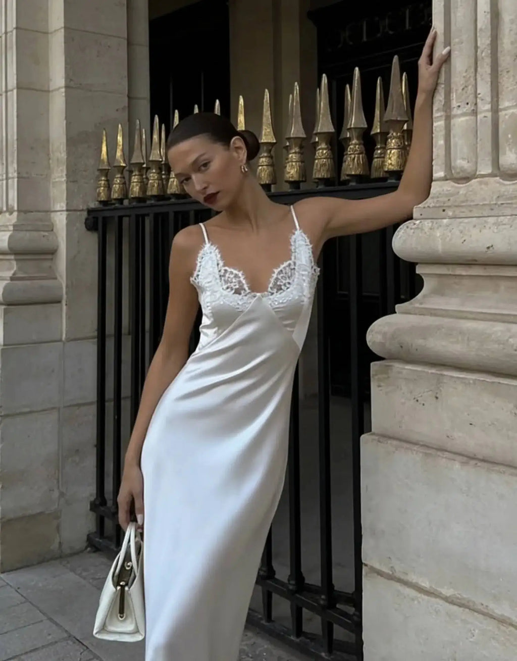 Women's Fashion Casual Style Satin Ice Silk Strap V-Neck Dress Pure Desire Dress Elegant White Satin Lace Trim Dress Party 6TFA