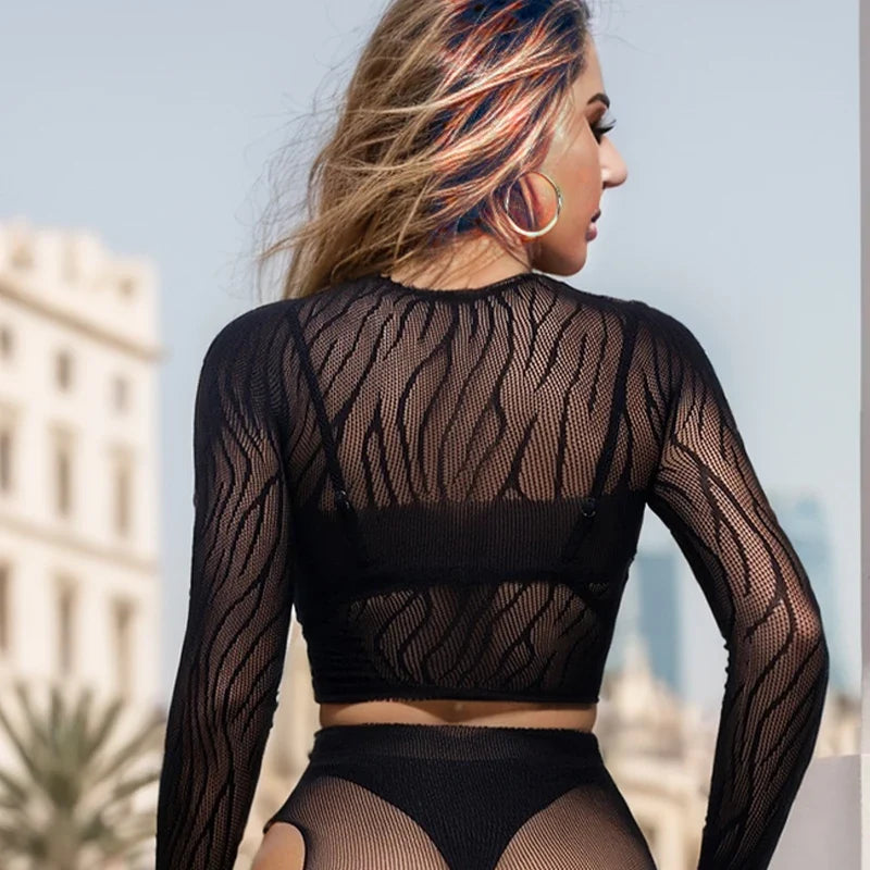 Long Sleeve See Through Tassel Beach Dress Women Sexy hollow Out Fishnet Fringe Cover Up Bodycon Rave Festival Outfit Set