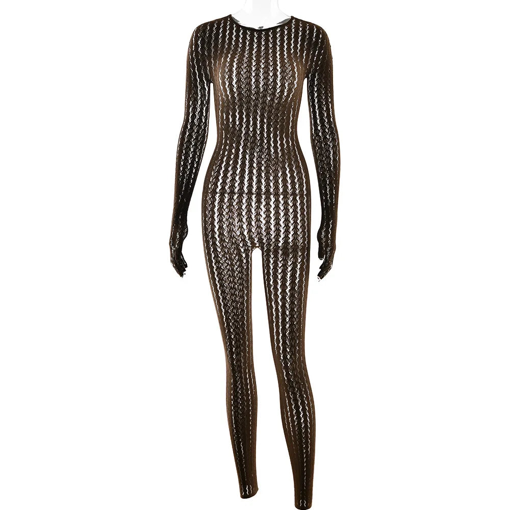 FDYOUI Sexy See-through Bodysuit Women's Long Sleeve Night Club Overalls Black Streetwear Lady Chic One Piece Party Jumpsuits