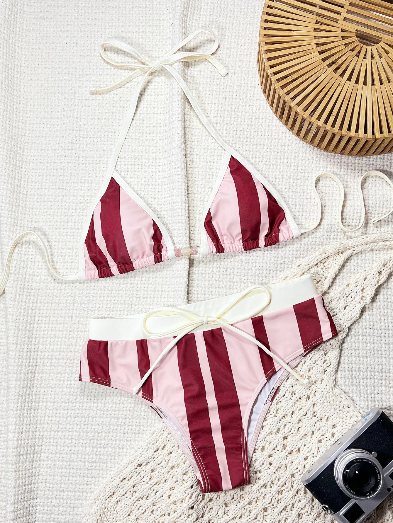 2026 Summer Women's Striped Print Swimsuit Sexy Backless Lace-up Micro Bikini Set Female Push Up Thong Bathing Suit Beachwear