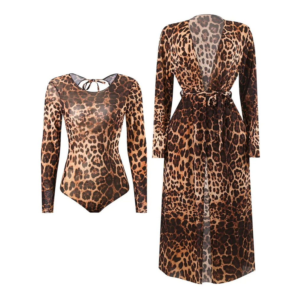 S - XXL With Cover Up Long Sleeve Leopard Printed Women Swimwear One Piece Swimsuit Female Padded Bather Bathing Suit Swim V7353