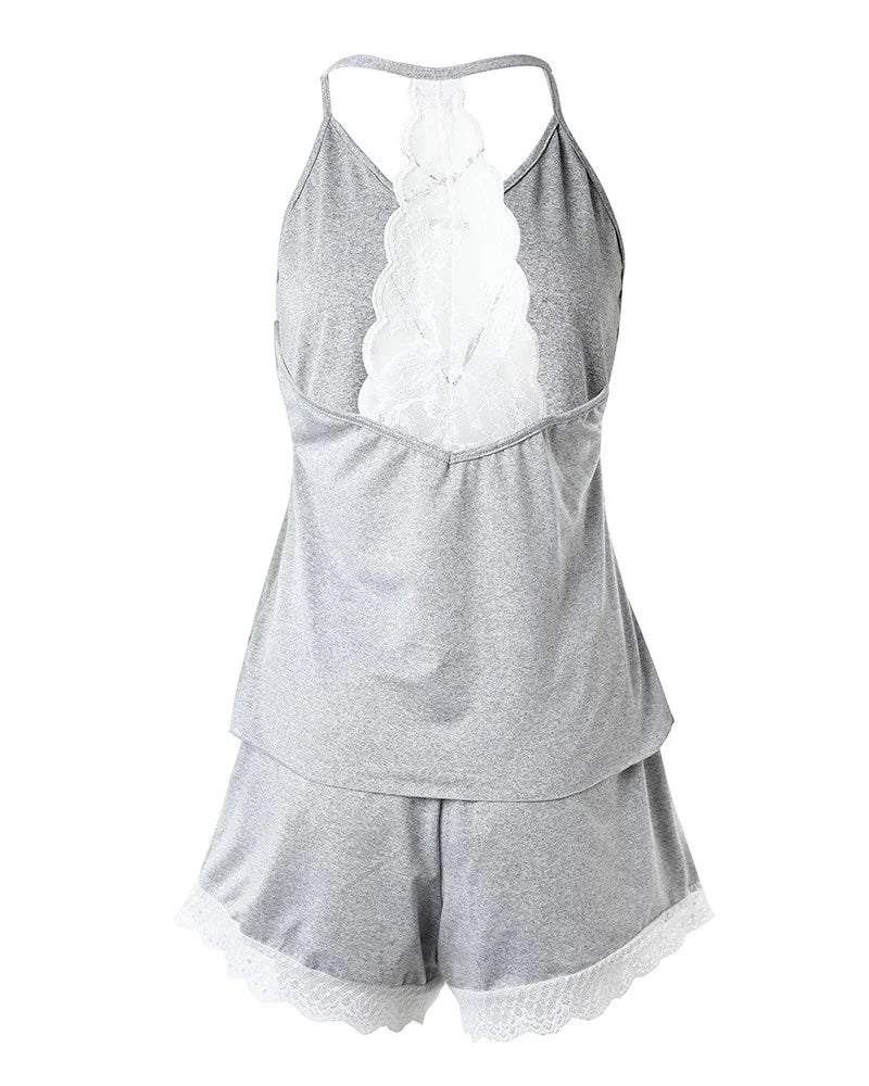 Summer Crochet Lace 2 Pieces Pajamas Set for Women Sleepwear Sleeveless V-Neck Tops and Shorts Casual Suit