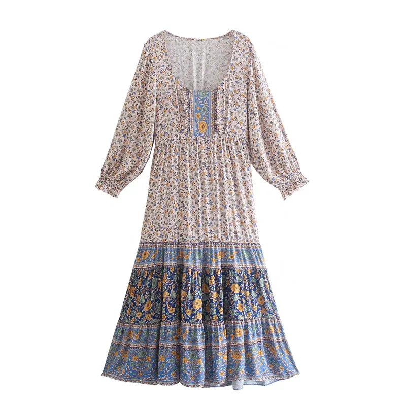 Floral Print Boho Long Dresses with Sleeves Vestidos Para Mujer Ruffles Sash Beach Casual New in Dress Loose Retro Sundress