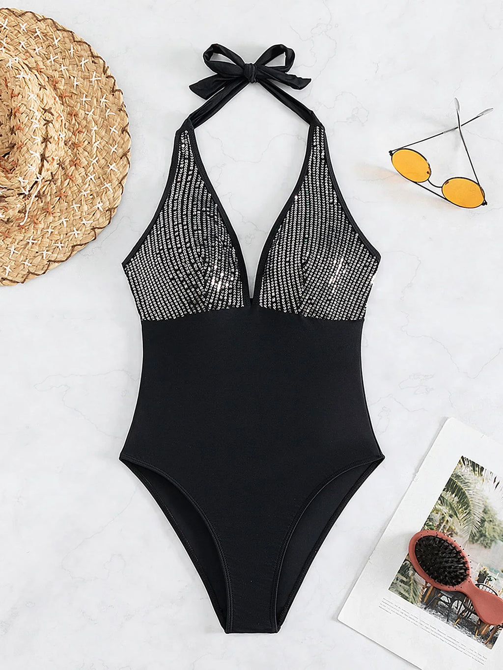 Sexy Shiny Sequins Deep V Backless Monokini Halter Women Swimwear One Piece Swimsuit Female Bather Bathing Suit Swim Lady K4996