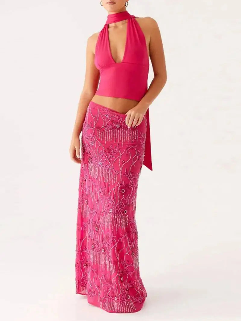 Sexy Beading Sequined Long Skirt Women Solid Low Waist Slim Straight Skirts Female Summer Lady Chic Beach Vacation Clothes JO6M