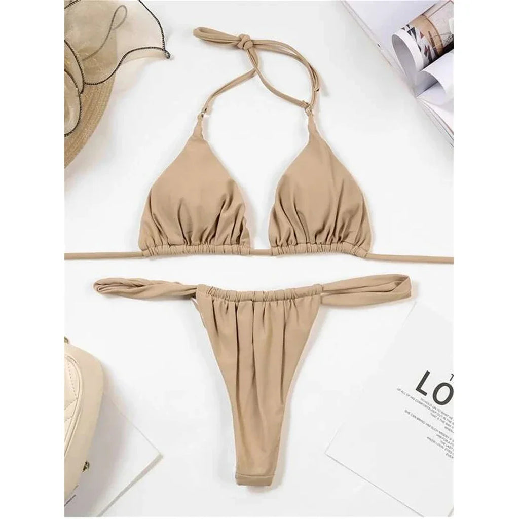 Wrinkled High Cut Mini Micro Thong Bikini Women Swimwear Female Swimsuit Two-pieces Bikini Set Halter Bather Bathing Suit Swim