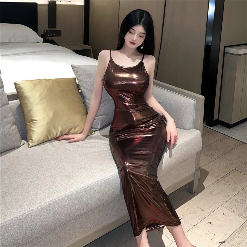 Sexy 2023 Summer Royal Sister Temperament backless Slim Long Lacquer Leather Fashion Solid color Wrap Hip Dress Women's KZCB