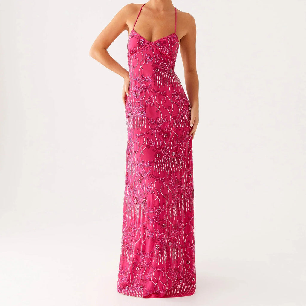 Elegant Sequin Beaded Women Maxi Dresses Flower Embroidery Sleeveless Party Cami Dress Summer Criss Cross Spaghetti Strap Dress