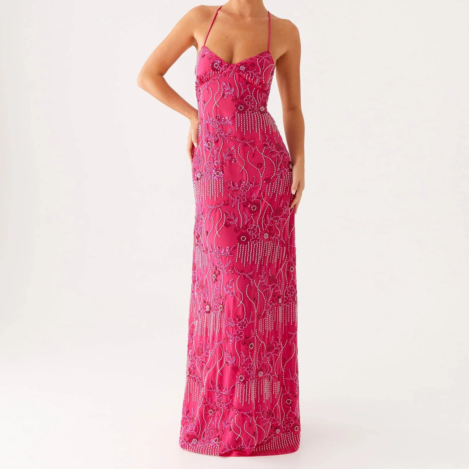 Elegant Sequin Beaded Women Maxi Dresses Flower Embroidery Sleeveless Party Cami Dress Summer Criss Cross Spaghetti Strap Dress