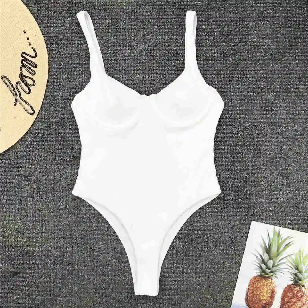S - XL New Sexy High Cut Women Swimwear Ribbed Underwired One Piece Swimsuit Female Bather Bathing Suit Swim Lady Bodysuit V1607