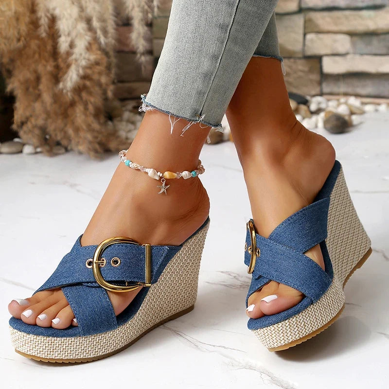 Denim Cross Stap Wedge Heeled Sandals Women Summer Peep Toe Chunky Heel Slippers Woman Plus Size 43 Slip On Platform Sandles
