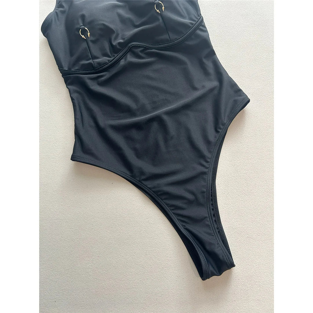 Metal Ring Backless Black Women Swimwear One Piece Swimsuit Female Brazilian High Leg Cut Padded Bather Bathing Suit Swim V7512