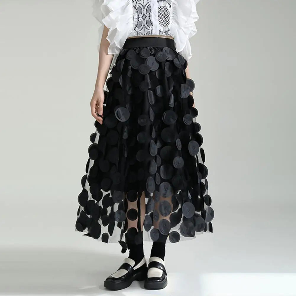 Women Summer Maxi Skirt Retro A-Line Large Hem Skirt Solid Color 3D Dot Decor High Waist Long Skirt