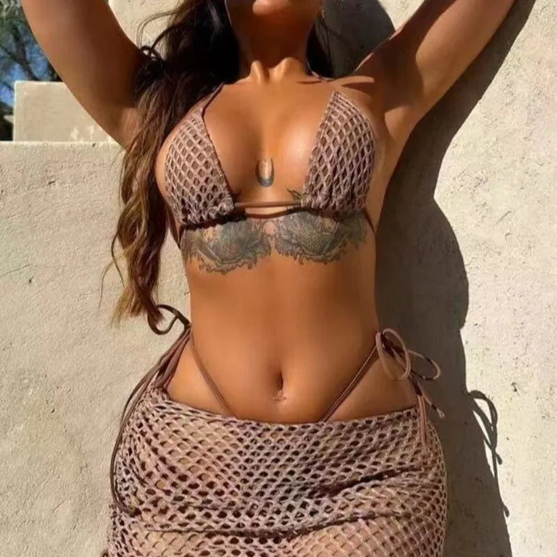 2026 Summer New Sexy Hollow Out Bikini 3 Piece Set Solid Spaghetti Strap Tops + Laced Upunderpants + Skirt Swimwear Swimsuit