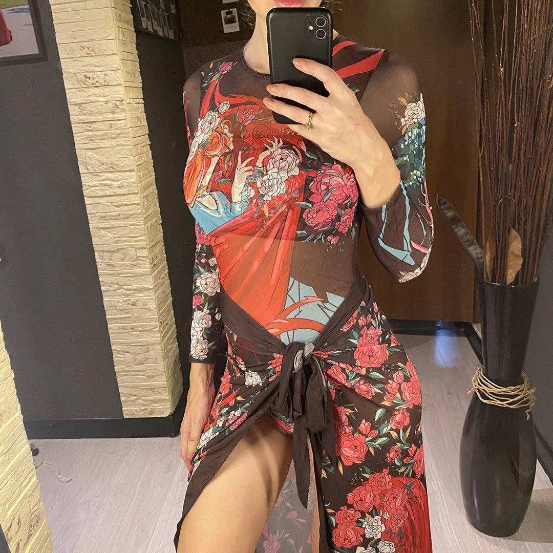 S - XXL Printed Long Sleeve With Sarong One Piece Swimsuit Women Swimwear Female Flowers Padded Bather Bathing Suit Swim V7181