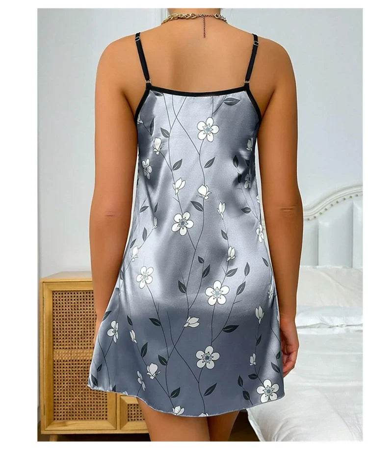 Women's Sleepwear Summer Floral Print Satin Nightgown Casual Sleeveless Backless Slip Night Dress Sexy Nightdress Home Clothes