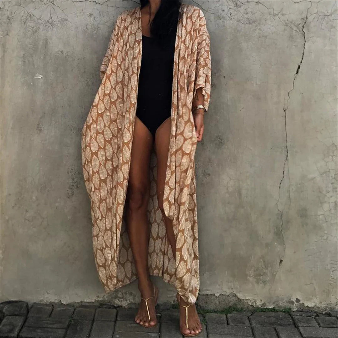 7 Colors Leaves Printed With Belt Half Sleeve Tunic Beach Cover Up Cover-ups Beach Dress Beach Wear Beachwear Female Women V4511