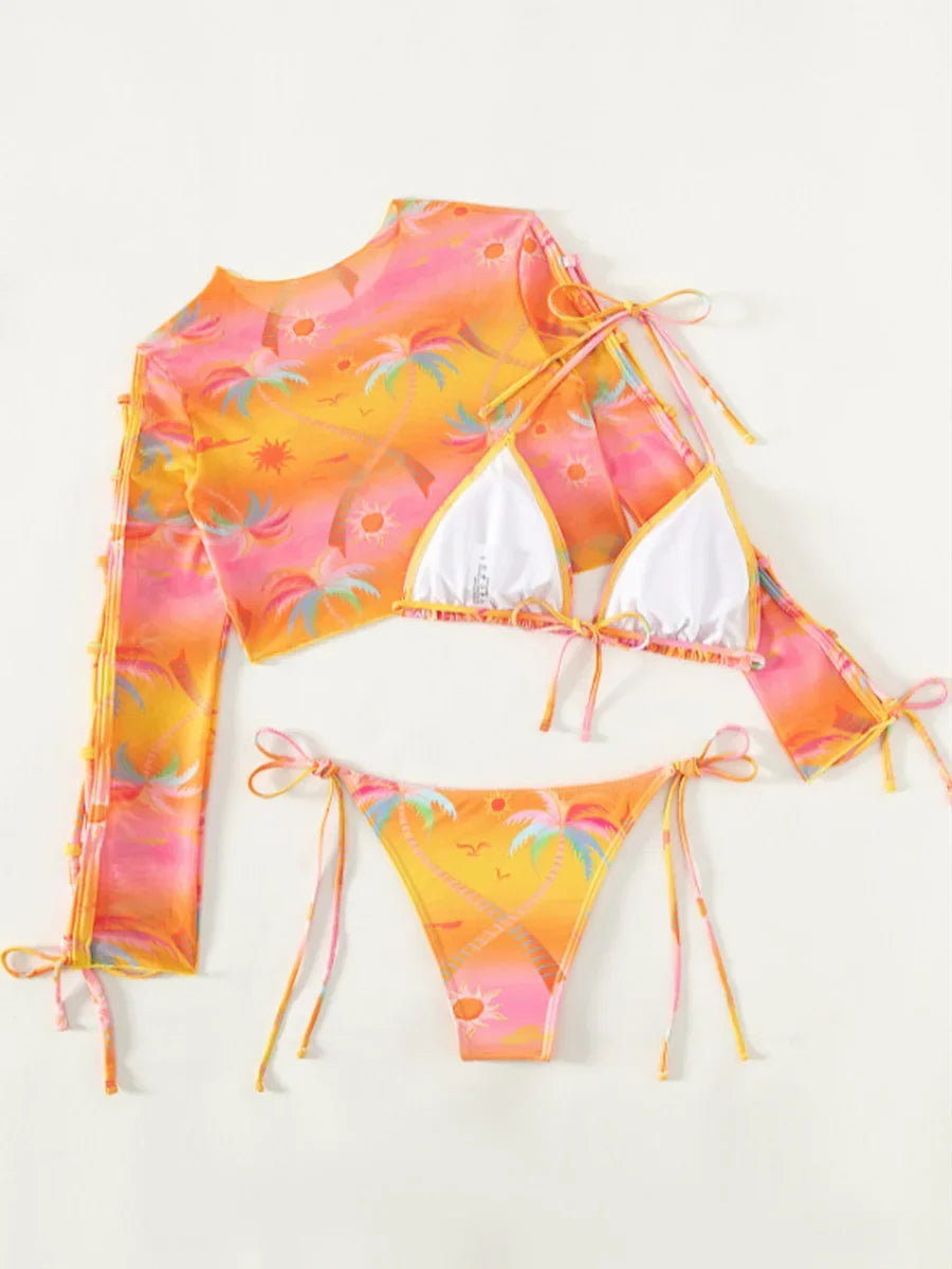 Printed Long Sleeve Bikini Women Swimwear Female Swimsuit Three-pieces Bikini Set Mini Micro Bather Bathing Suit Swim Beachwear