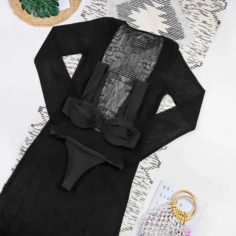 3 Pieces Women's Sexy Bikini Set 2025 New Swimwear Long Dress Cover up Female Beachwear Bathing Suit Summer Swimming Outfit