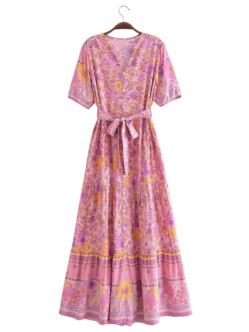 Foridol Single Breasted Bohemian Holiday Summer Women Dress Belt Casual Loose Maxi Floral Dress Short Sleeve Long Viscose Dress