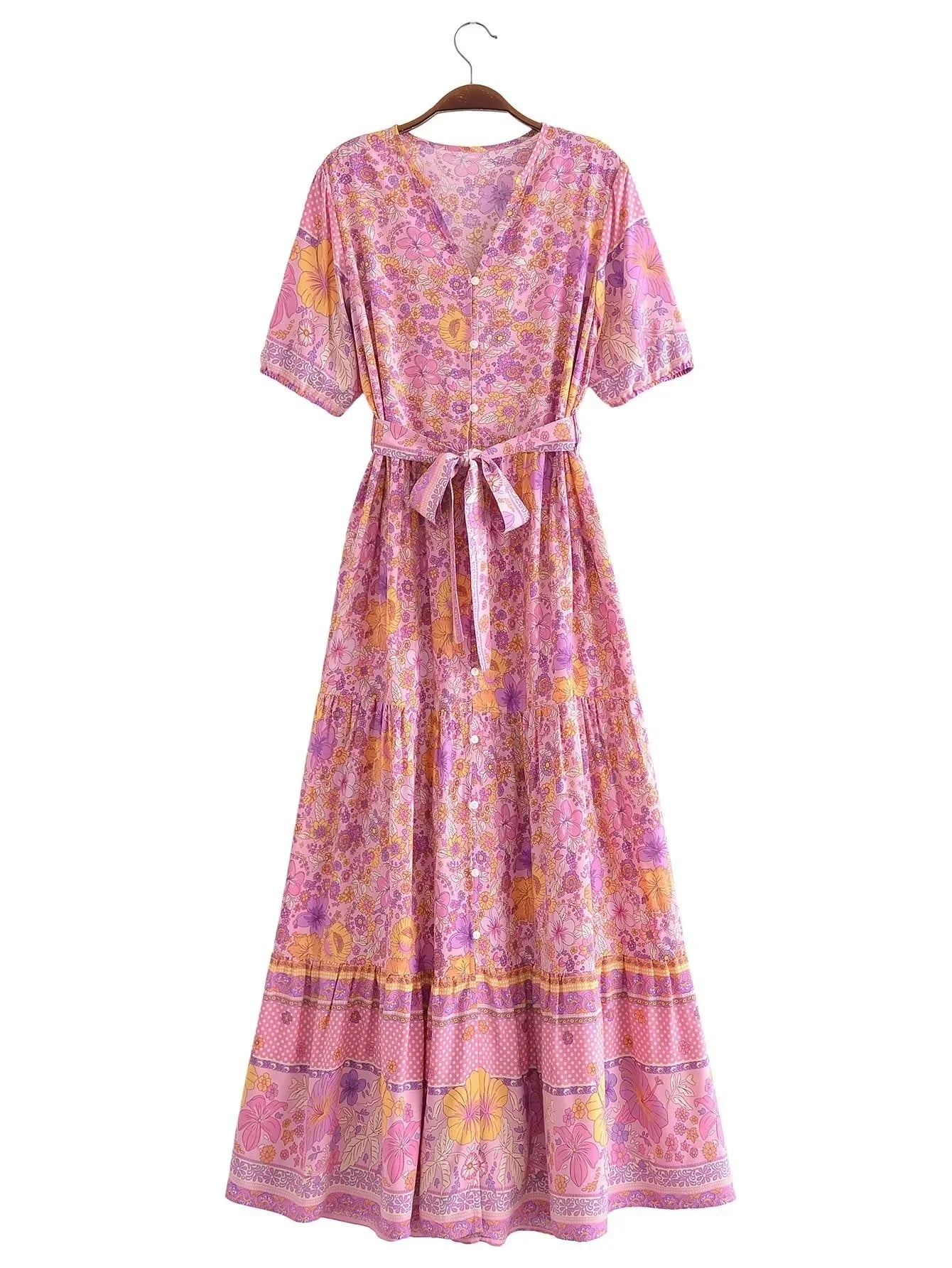 Foridol Single Breasted Bohemian Holiday Summer Women Dress Belt Casual Loose Maxi Floral Dress Short Sleeve Long Viscose Dress