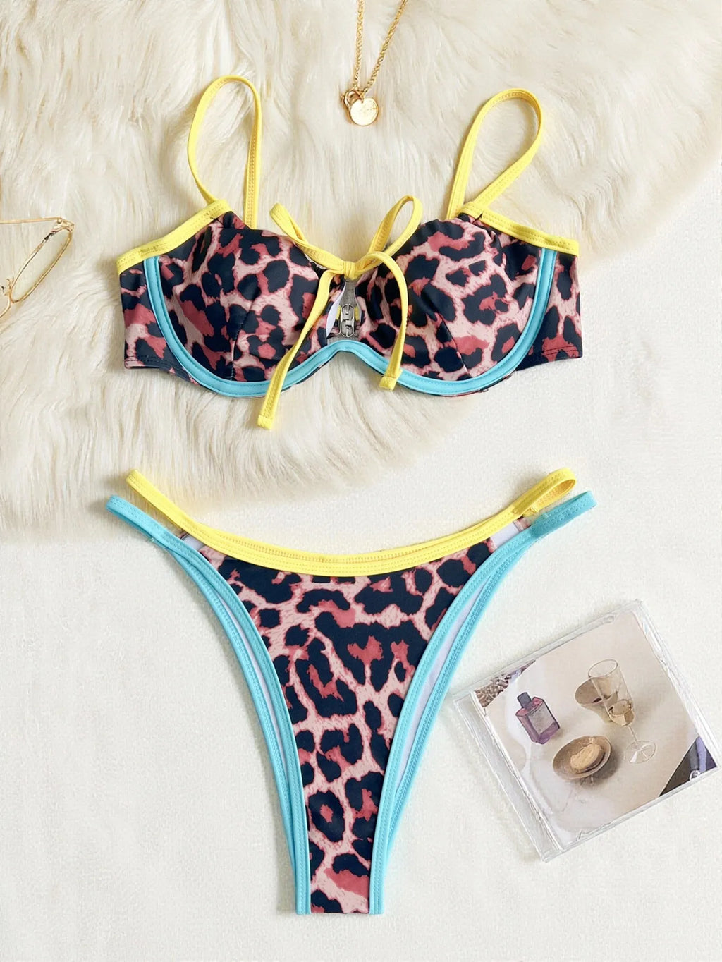 Contrast Color Leopard Swimsuit for Women Sexy Push Up Thong Bathing Suit Beachwear Underwire Low Waist Swimwear String Bikinis