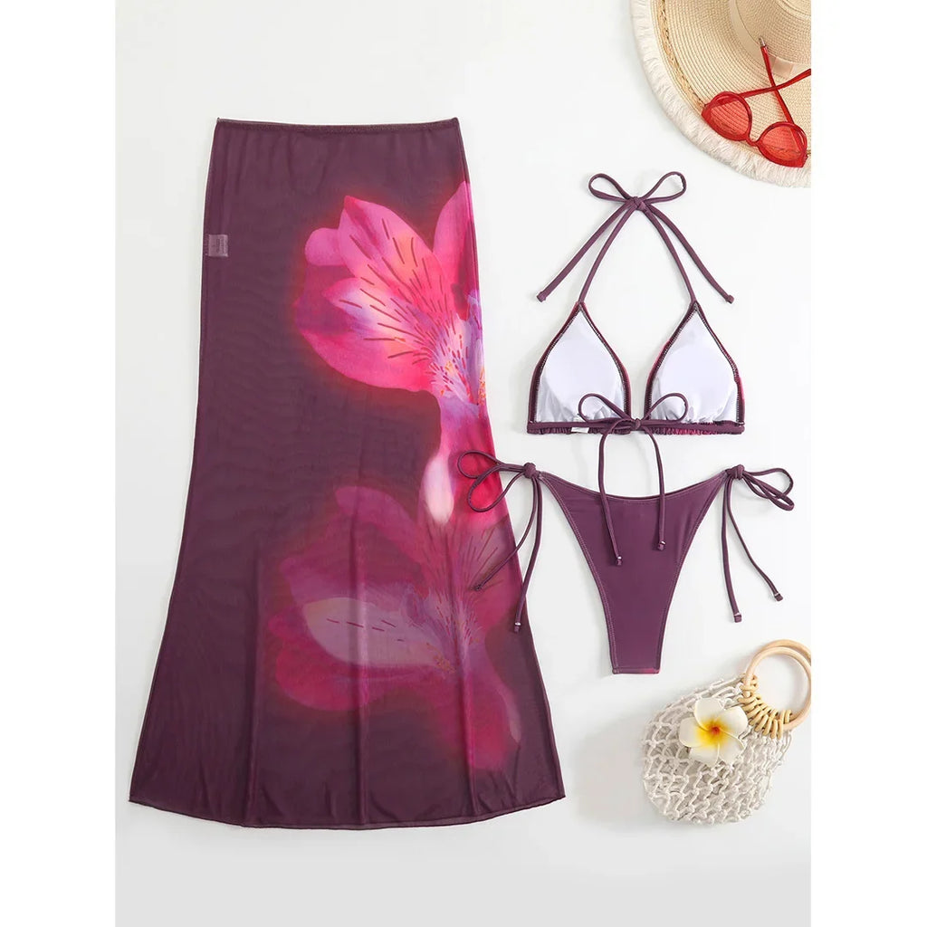 10 Color Flowers Halter Bikini Female Swimsuit Women Swimwear Three-pieces Bikini set With Skirt Bather Bathing Suit Swim V6637C