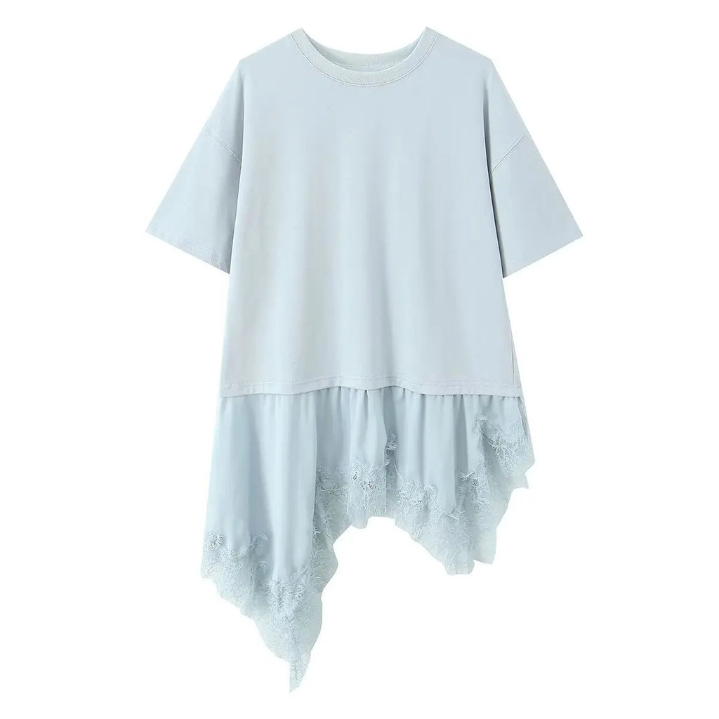 New Women's Lace Patchwork T-Shirt Top Women Lace Trim Hem T Shirt Crew Neck Short Sleeved Loose Fit Casual Solid Color Top MQ08
