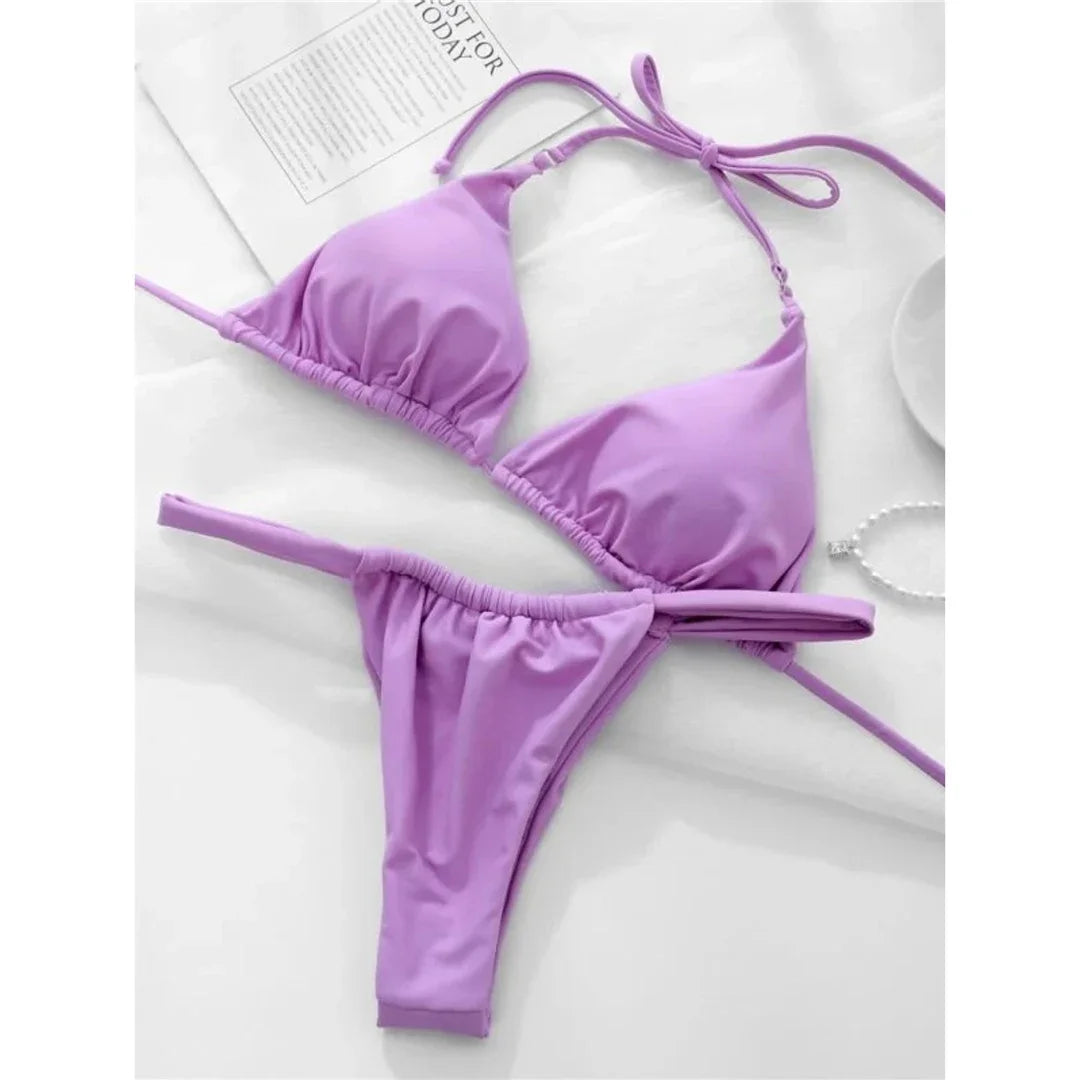 Wrinkled High Cut Mini Micro Thong Bikini Women Swimwear Female Swimsuit Two-pieces Bikini Set Halter Bather Bathing Suit Swim