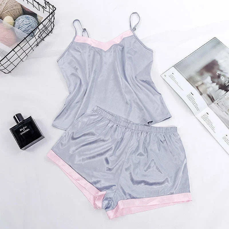 New women's set sleepwear sexy satin sleepwear two-piece Home clothing top and shorts solid color silk sleepwear set