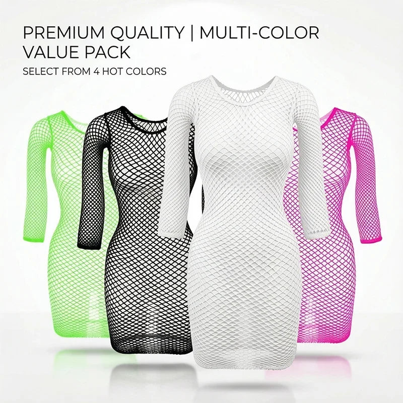 1PC Women Sexy Fishnet Beach Cover Up Long Sleeves Hollow Out Bodycon Dress See Through Summer Swimwear