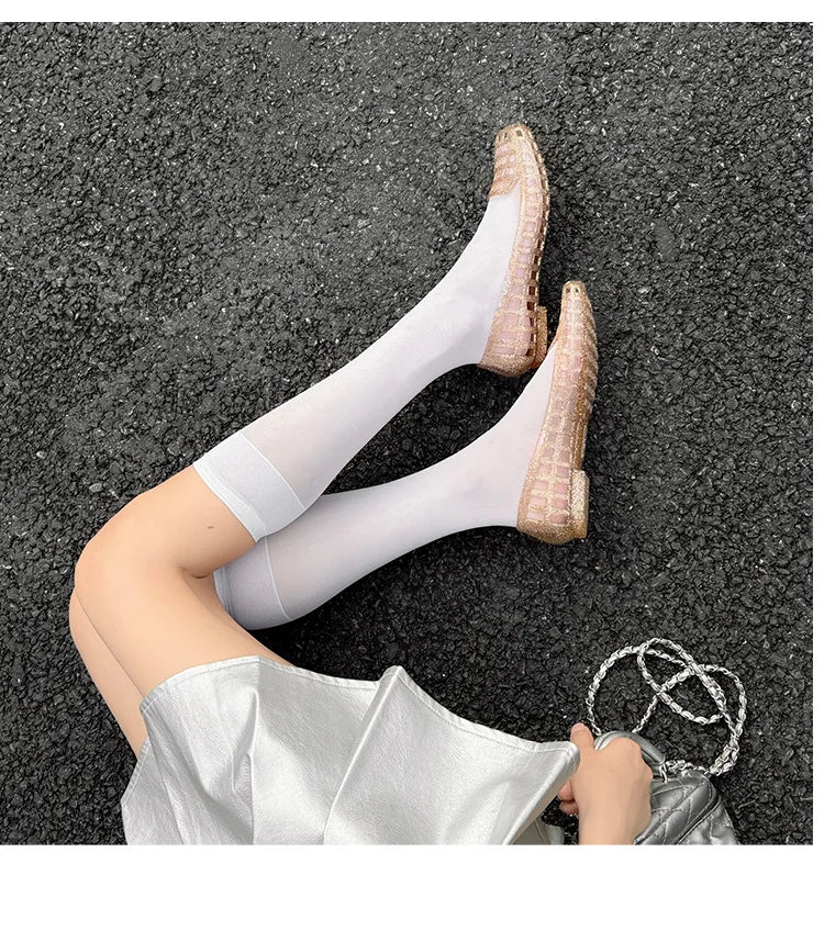 New 2025 Women Fashion Jelly Shoes Summer Cut-out Flat Sandals, Soft PVC Casual Square Toe Girls Daily Walking Sandalias