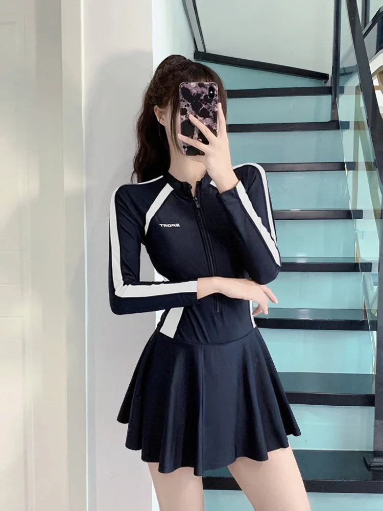 New plus size women's dress one-piece fresh women's swimsuit conservative slim fit long sleeved hot spring swimsuit