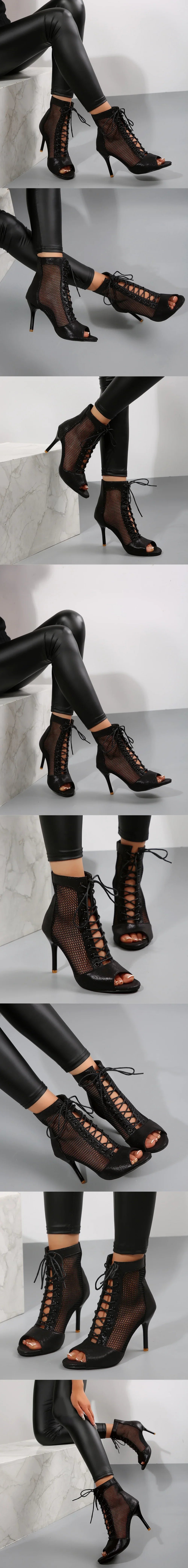 EUR Size 43 Sexy High Heels Dance Shoes Black Lace-up Thin Heeled Stiletto Ankle Boots Silver Peep Toe Summer Boots Party Shoes