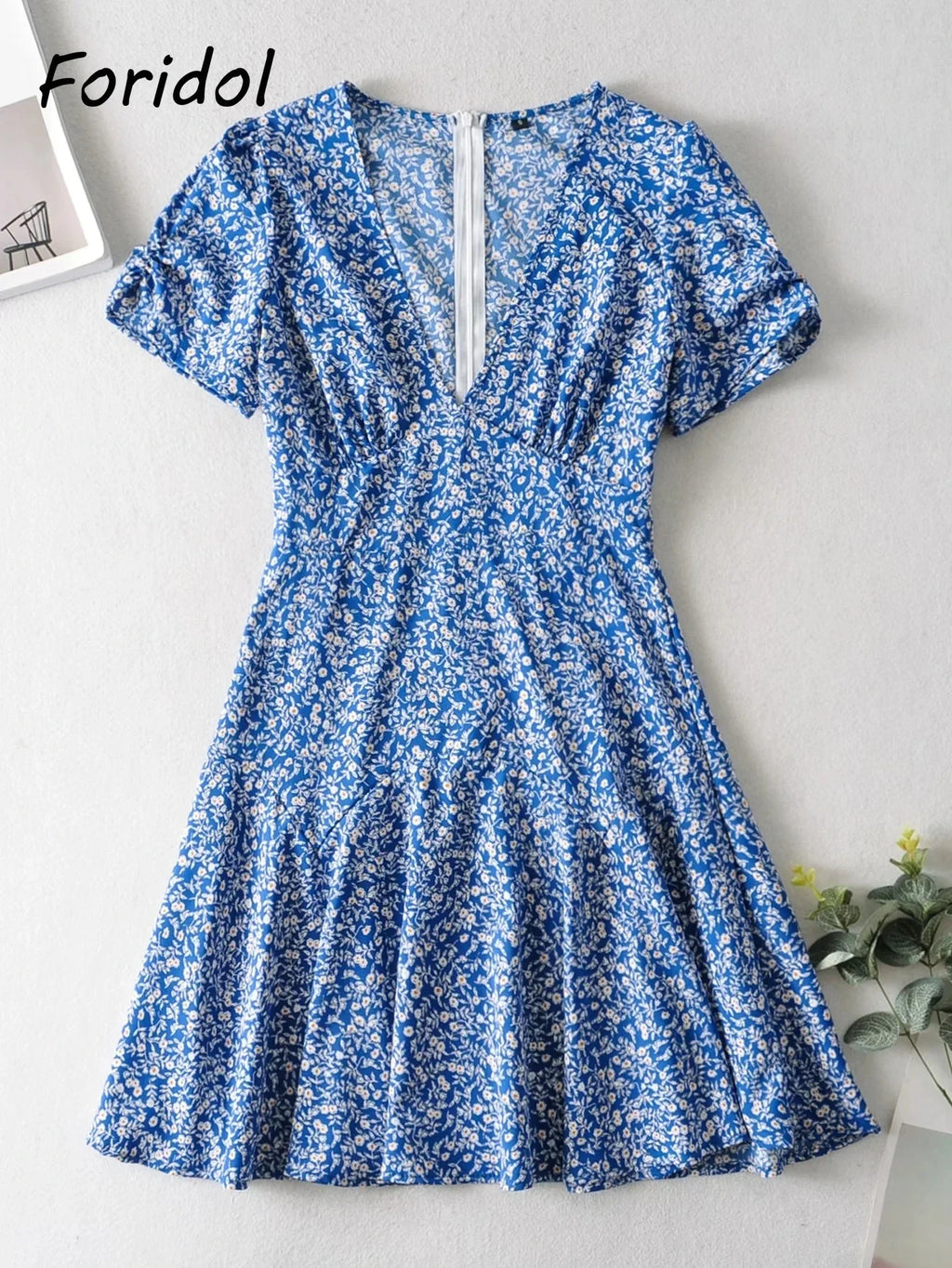Foridol Blue Floral Print Summer Beach Dress Women Casual Holiday Short Sleeve Dress Boho Sundress Vestidos Fashion Clothes