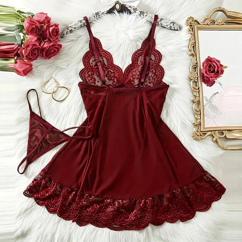 Summer Sleep Shirts Sexy Lingerie Women Mesh Nightgown Exquisite Ultra-thin Lace Embroidery Pajamas Hot Sleepwear With Thongs