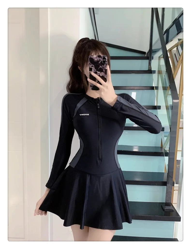 New plus size women's dress one-piece fresh women's swimsuit conservative slim fit long sleeved hot spring swimsuit