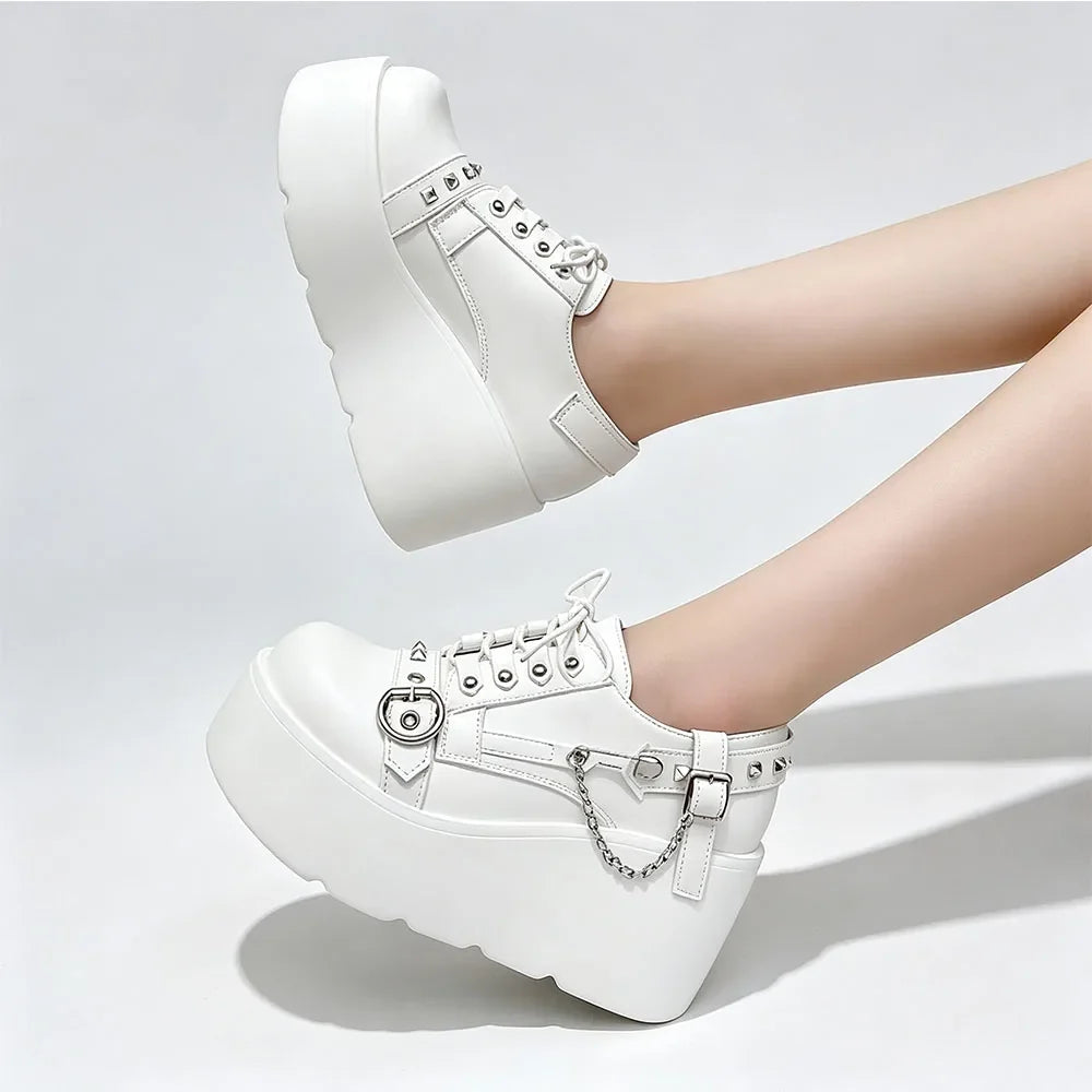New Arrival Gothic Black Rivets Platform Creepers Shoes White Chain Decor Goth Creepers Chunky Lace Up Lolita Casual Shoes