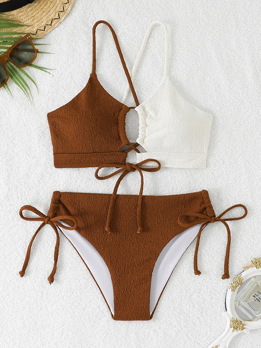 2026 Drawstring Triangle Bikini Women Sexy Color Block Swimwear Female Strappy Swimsuit Bathers Bathing Swimming Swim Suit