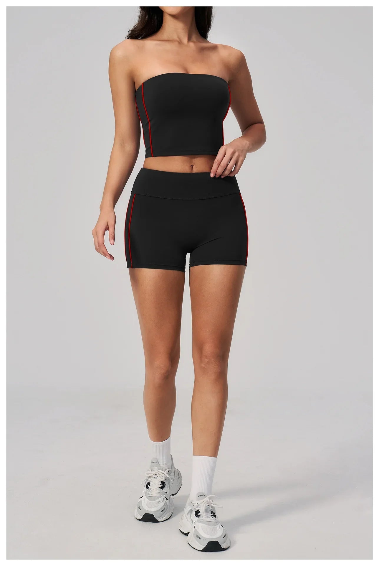 Summer Tight Yoga Suit Women Color Contrast Strapless Slim Sports Tank Top Shorts Fitness Suit Gym Running Workout Tracksuit