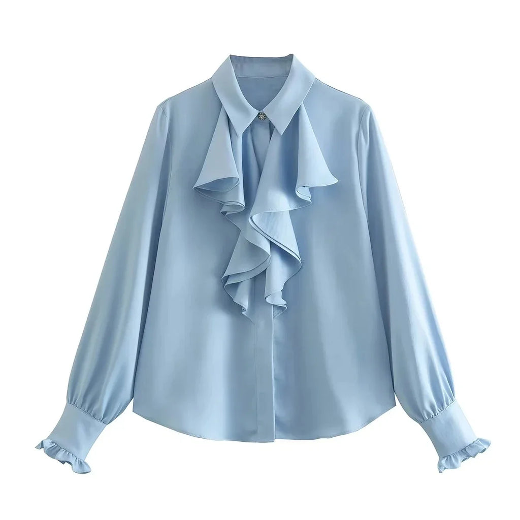 Foridol Ruffles Folds Light Blue Office Lady Satin Shirt Blouse Long Sleeve Spring Fashion Solid Button Up Blusa Autumn 2025