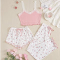 Three Piece Women's Heart-Shaped Printed Vest Shorts and Pants Paired with Ribbed Fabric for Home Casual Women's Sleepwear Set