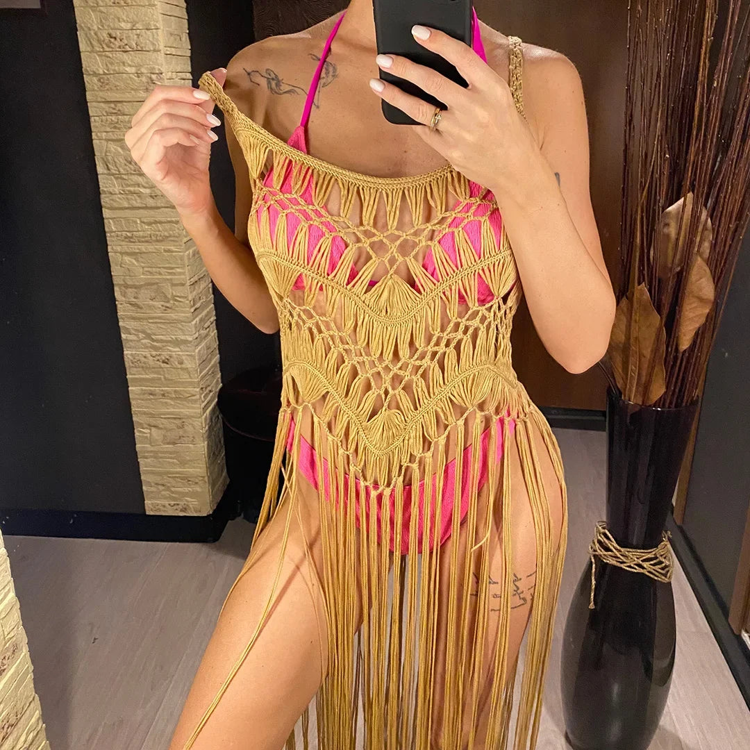 3 Colors Hollow Out Fringe Tassel Knitted Crochet Tunic Beach Cover Up Cover-ups Beach Dress Beach Wear Beachwear Female V3847