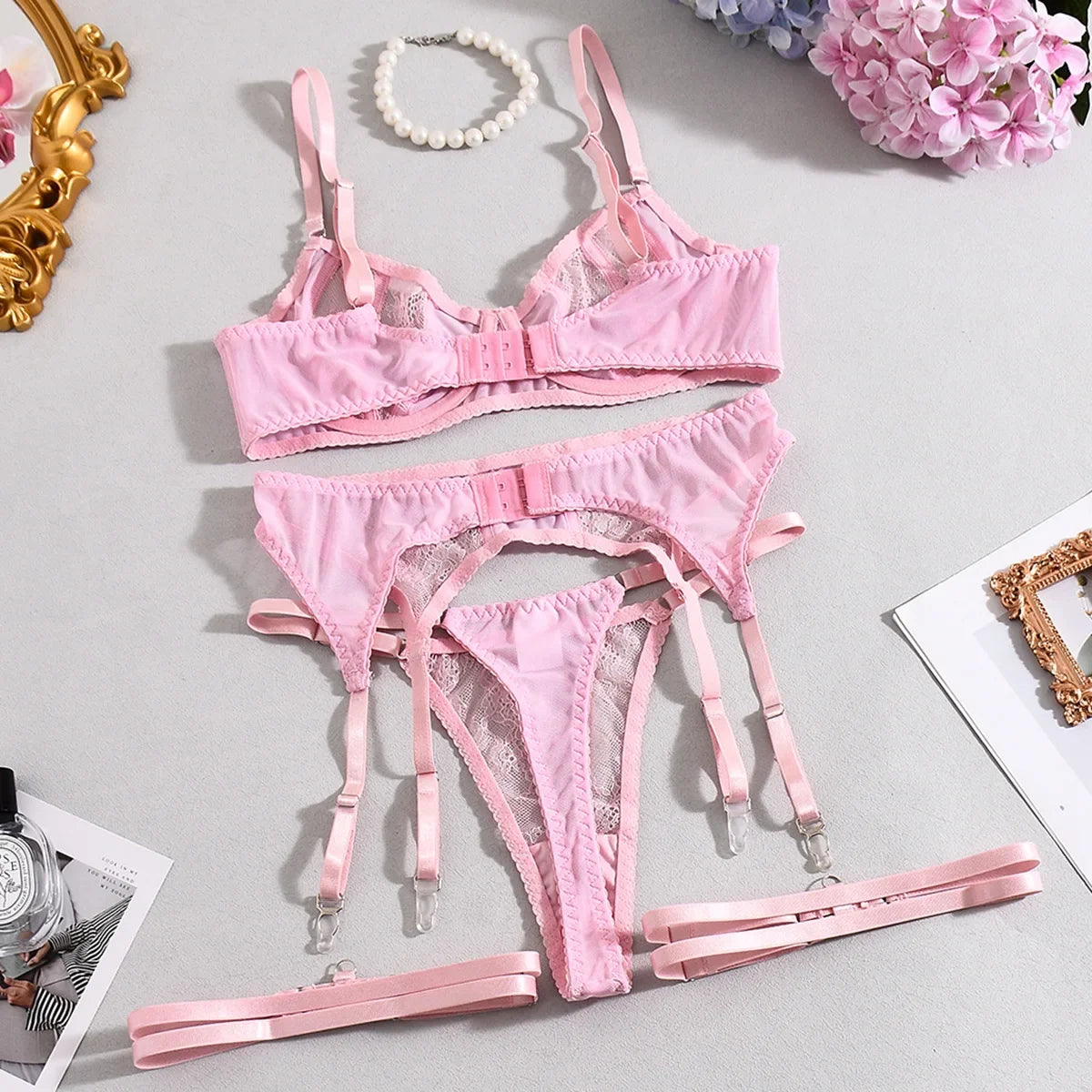 Toucheart Women Lace Sexy Lingerie Panty Patchwork Solid Color Skinny Plunge See-through Romantic Interesting Underwear Cute Set
