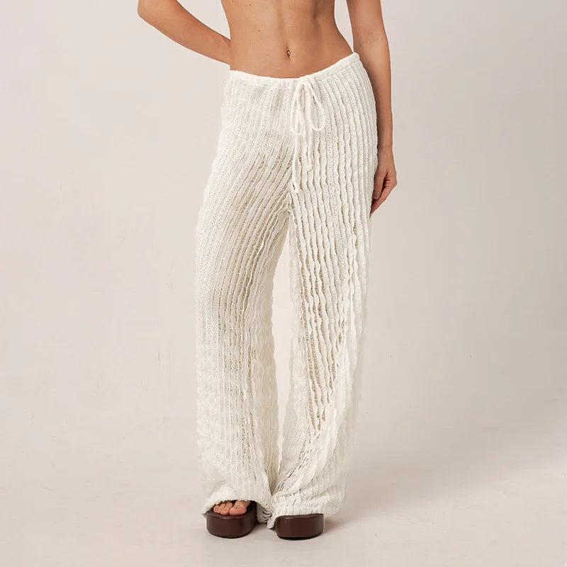 Women's trousers, fashionable and versatile, solid color, drawstring straight trousers, beach sun protection trousers