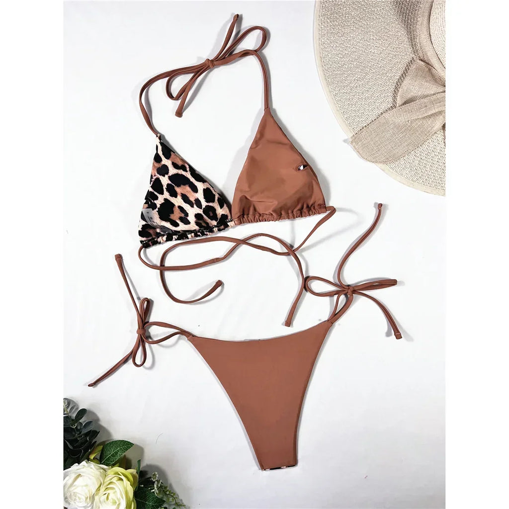 Halter Splicing Leopard Bikinis 2026 Satin Bikini Female Swimsuit Women Swimwear Two-pieces Bikini Set Micro Bathing Suit Swim