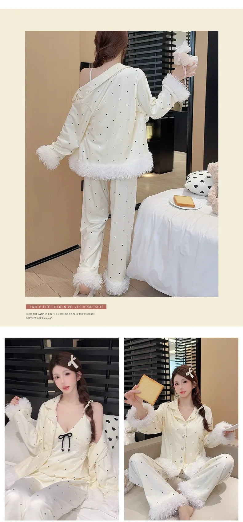 Fashionable Home Pajamas Three-piece Set Island Velvet Pajamas Spring and Autumn Suspenders Sexy Homewear Casual Suit